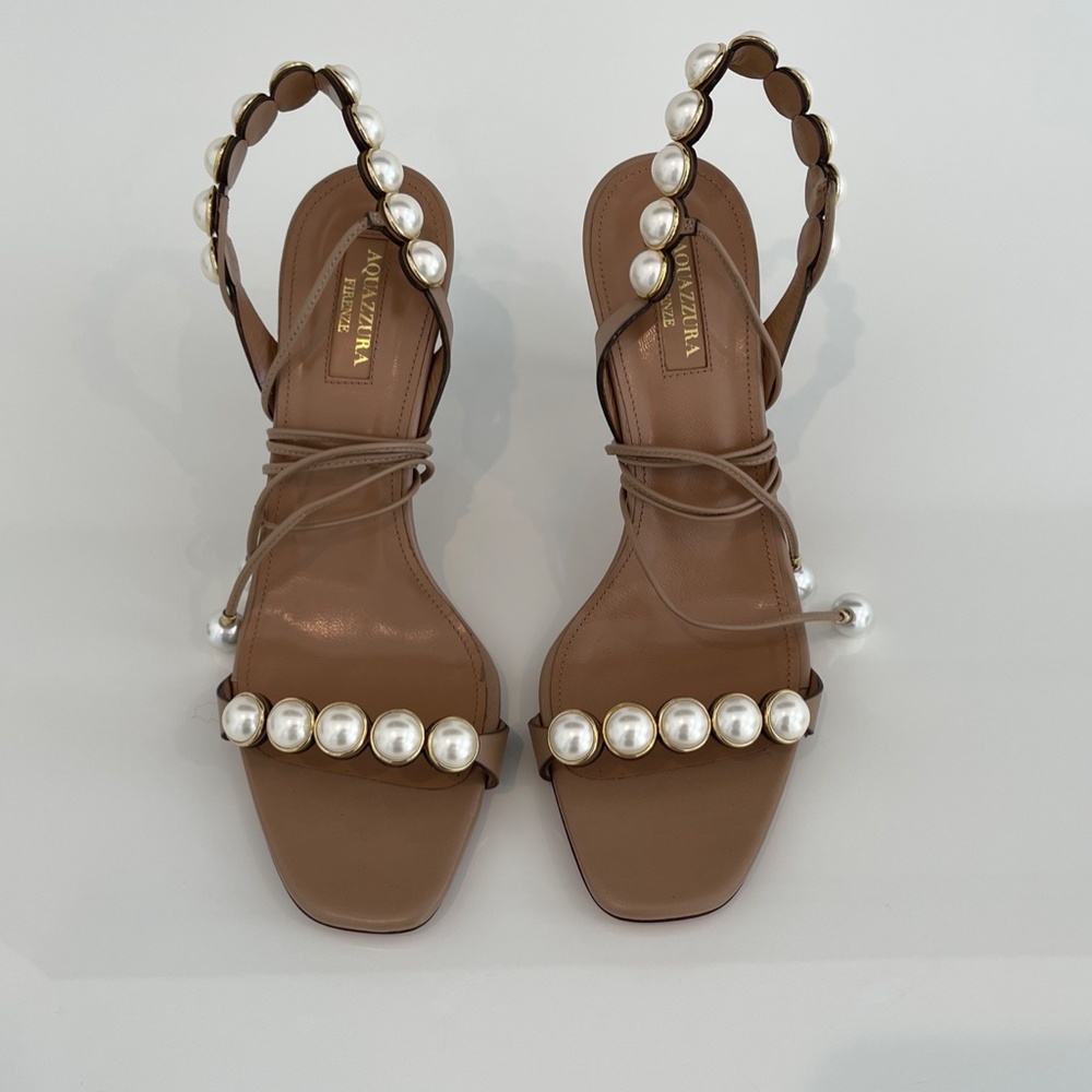 AQUAZZURA BEIGE FAUX PEARL LACEUP SANDALS SIZE IT 37.5 / US 7.5 NEW IN BOX!